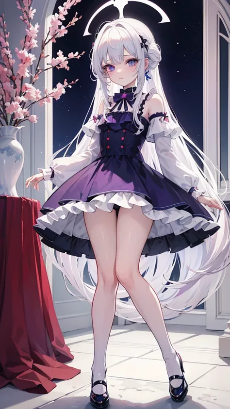 Una encantadora chica anime con cabello albino que cae en ondas hasta la cintura, sus ojos azules resaltan sobre su piel de porcelana. Ataviada con un vestido color guinda; a deep, dark purple red and shoes with tulle socks.