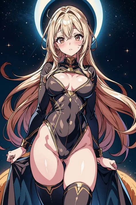 Sandy Hair Fall Down Body Big Slender Breasts Thin Thighs Thin Waist Solo Pilot Costume Looking At Viewer In Space Long Hair Blushing Determination