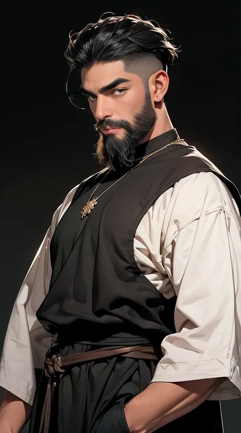 A man with black 3c pantone skin of 50 years old, happy expression, strong eyebrows, golden eyes, long shoulder-length black wave hair and well groomed beard. He use medieval clothes 16k, best quality masterpiece. Background is a desert