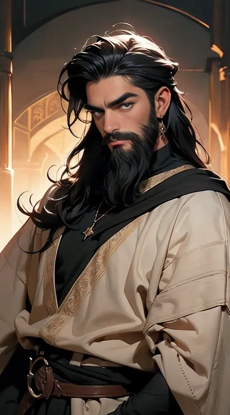 A man with black 3c pantone skin of 50 years old, happy expression, strong eyebrows, golden eyes, long shoulder-length black wave hair and well groomed beard. He use medieval clothes 16k, best quality masterpiece. Background is a desert