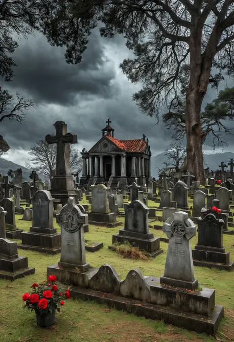 （Realista，The photos are real，The photos are real：1.37）。Ominous clouds，In the scary cemetery，Chamas em redemoinho，Escudos ardentes flutuam no ar，escudo brilhante，Many tombstones surround the shield，Muitas rosas vermelhas enroladas no escudo，simetria。