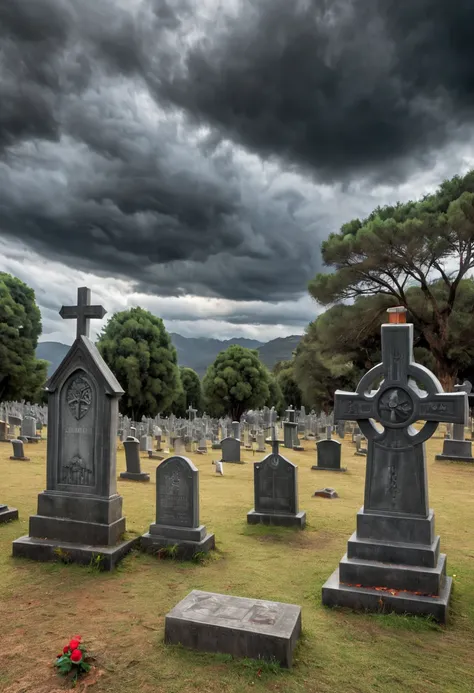 （realista，the photos are real，the photos are real：1.37）。ominous clouds，in the scary cemetery，chamas em redemoinho，escudos ardent...