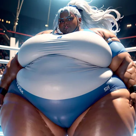 ((Dark skin)), dark skinned female, giantess, ((strongfat)), ssbbw, obese, ((strong arms)), white hair, blue eyes, tall, looming over viewer, (gentle smile), (wrestling gear), gigantic, insanely large belly, sweaty, subtle blush, (bare arms), ((biceps)), (...