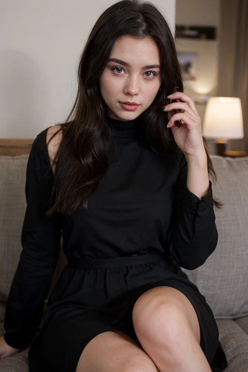 Beautiful Girl with black long hair light brown eyes fair skin tone in black dress