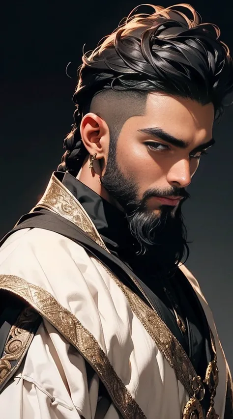 A black man, skin is dark black of 50 years old, happy expression, strong eyebrows, golden eyes, long shoulder-length black wave hair and well groomed beard. He use medieval clothes 16k, best quality masterpiece. Background is a desert