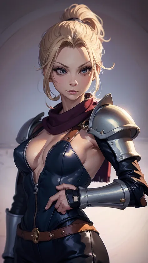 (masterpiece, best quality, chromatic lighting, professional quality),1girl, solo, blonde hair, high ponytail, realistic body proportions, looking at viewer, lips, padded armor, long neck scarf, long hip scarf, boxer, fighting pose, arm gauntlet, simple ba...