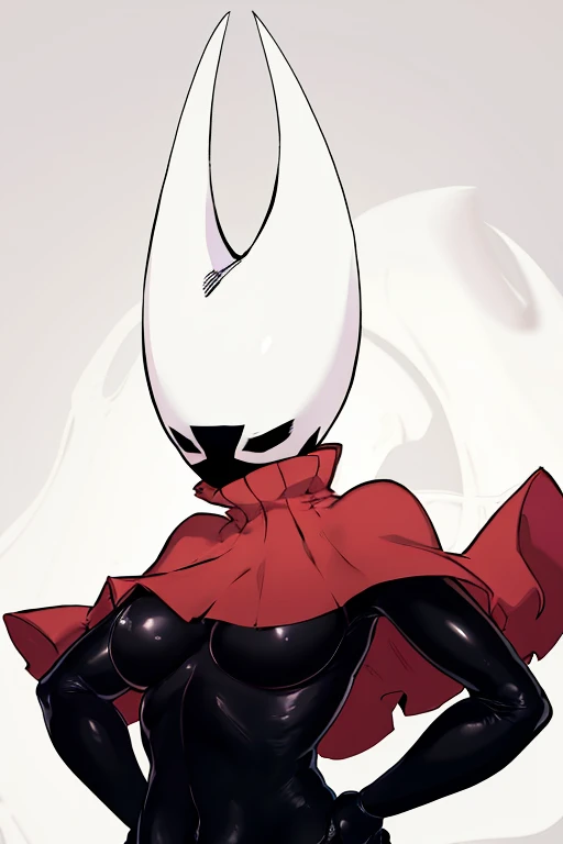 upper body, hornet, 1girl, solo, mask, closed eyes, simple background, (black skin:1.2), red capelet, turtleneck, hands on hips