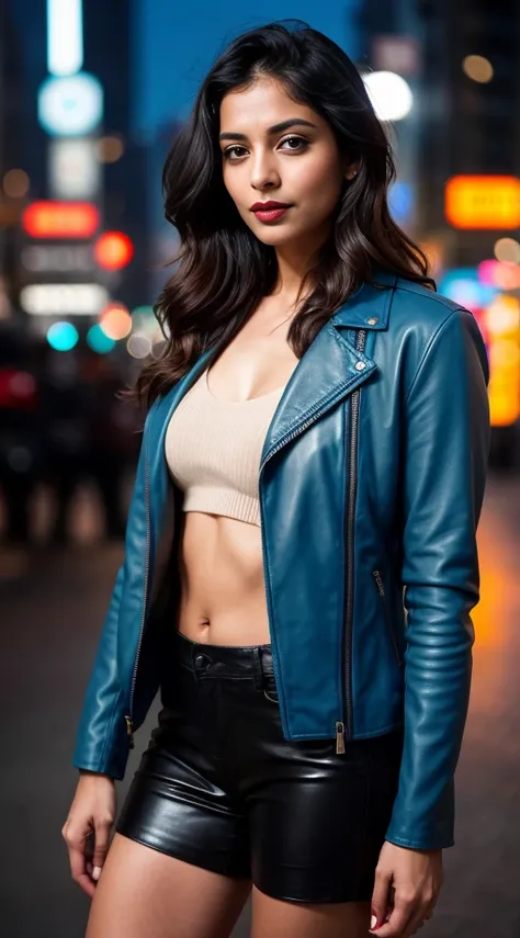 Portrait of most beautiful and attractive north Indian Punjabi woman as a beautiful female model, age 40s, Georgia Fowler, beautiful face, with [[Shoulder length waves]] short dark brown hair, in cyberpunk city at night. She is wearing a pale blue rich lea...