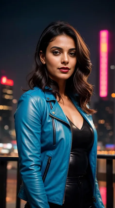 Portrait of most beautiful and attractive north Indian Punjabi woman as a beautiful female model, age 40s, Georgia Fowler, beautiful face, with [[Shoulder length waves]] short dark brown hair, in cyberpunk city at night. She is wearing a pale blue rich lea...