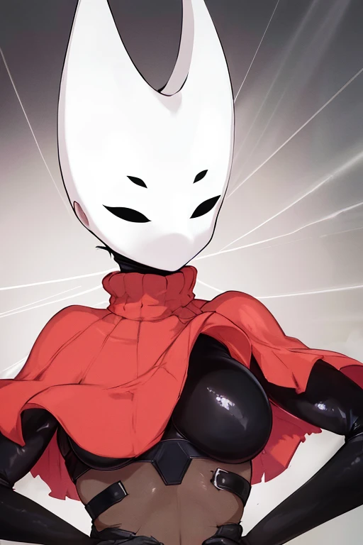 upper body, hornet, 1girl, solo, mask, closed eyes, simple background, (black skin:1.2), red capelet, turtleneck, hands on hips