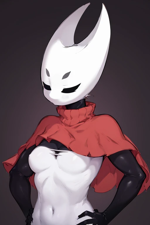 upper body, hornet, 1girl, solo, mask, closed eyes, simple background, (black skin:1.2), red capelet, turtleneck, hands on hips