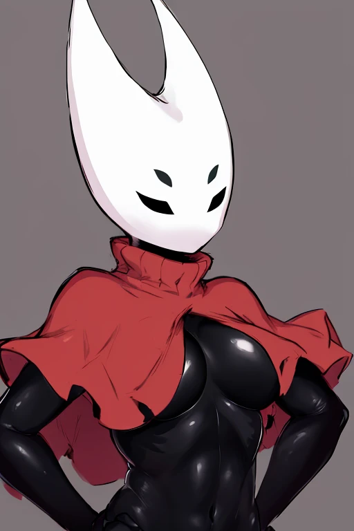 upper body, hornet, 1girl, solo, mask, closed eyes, simple background, (black skin:1.2), red capelet, turtleneck, hands on hips