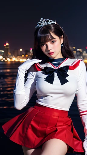 1girl,long hair, (high quality,8k,black hair, realistic, best quality,masterpiece,ultra detailed, absurdres)1.5,((sama1, tiara, sailor senshi uniform, white gloves, red sailor collar, red skirt)),night city,white gloves,Purple Bow,Purple eye, (magic world,...