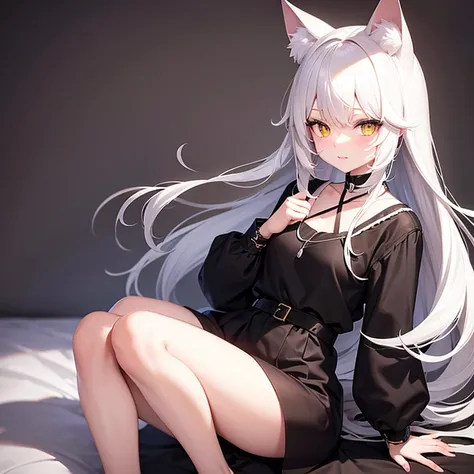 Cat anime girl with white hair and yellow eyes