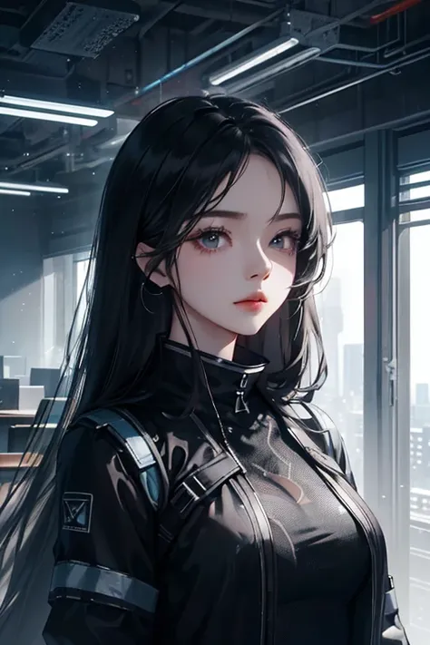 Highest quality detailed images Beautiful images 8K Realistic dramatic lighting 1:1)(数字Art数字插图)，Office interior，(cool dim lighting)Art，16 year old girl，Gray futuristic clothing，long black hair，Beautiful and delicate face，a chaotic dystopia