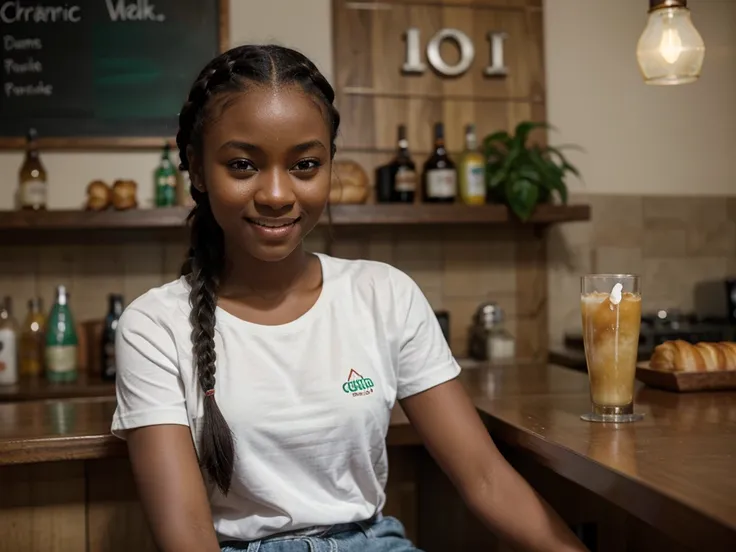 Young African girl, dark complexion, combed hair, gorgeous, braided hair, wearing a white t-shirt, broad smile, sitting in a bar, handmade decoration, play of lights, one croissant and one half croissant, Green background, ray tracing,| cinematic shot phot...