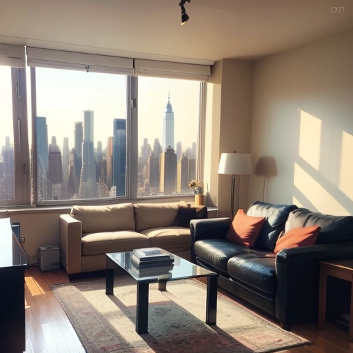 New York apartment, tan walls, coffee table, TV, couch, window view of city skyline, New York City