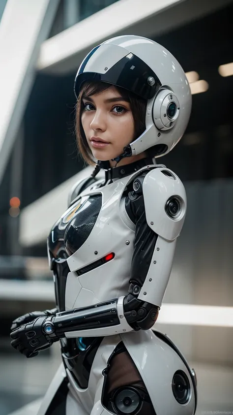 beautiful girl, perfect face, with a very futuristic robotic and mechanical suit with very technologically advanced accessories in her futuristic helmet, white color, with a bokeh effect in the back, ultra realism, photographic appearance, RAW style.