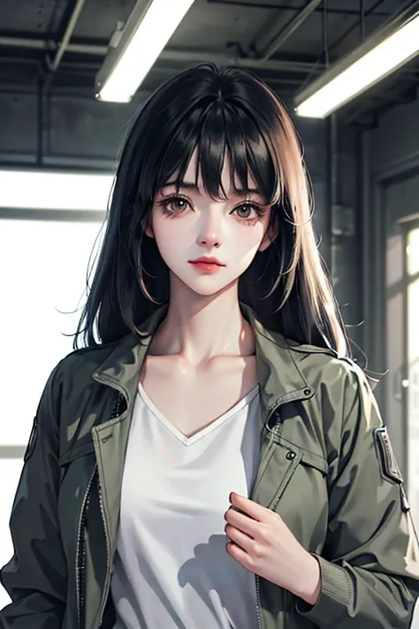 （The finest quality details，Beautiful image，8K，lifelike，dramatic lighting 1:1)(Digital art digital illustrations)，Inside the shelter，(cool dim lighting)，16 year old girl，grey jacket，Bangs，long black hair，Beautiful and delicate face，a chaotic dystopia，futur...