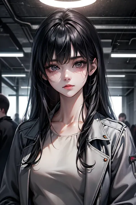 （The finest quality details，Beautiful image，8K，lifelike，dramatic lighting 1:1)(Digital art digital illustrations)，Inside the shelter，(cool dim lighting)，16 year old girl，grey jacket，Bangs，long black hair，Beautiful and delicate face，a chaotic dystopia，futur...