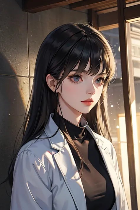 （The finest quality details，Beautiful image，8K，lifelike，dramatic lighting 1:1)(Digital art digital illustrations)，Inside the shelter，(cool dim lighting)，16 year old girl，grey jacket，Bangs，long black hair，Beautiful and delicate face，a chaotic dystopia，futur...