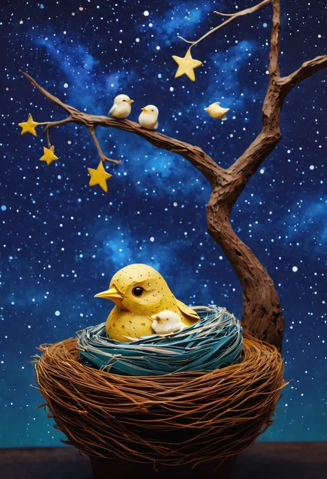 a newborn bird, the bird is abnormally fat and the nest is located in a bonsai, the nest breaks due to the weight of the chick and the chick falls, in a pot, surreal, funny, comic, starry sky, zentangle, origami, cinematic, emotional, epic, vincent van gog...