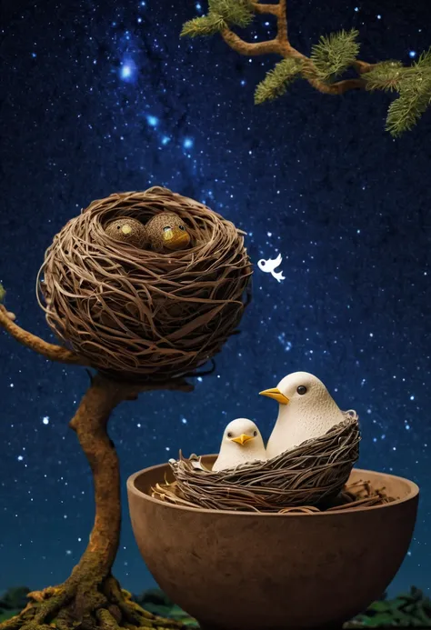 a newborn bird, the bird is abnormally fat and the nest is located in a bonsai, the nest breaks due to the weight of the chick and the chick falls, in a pot, surreal, funny, comic, starry sky, zentangle, origami, cinematic, emotional, epic, vincent van gog...