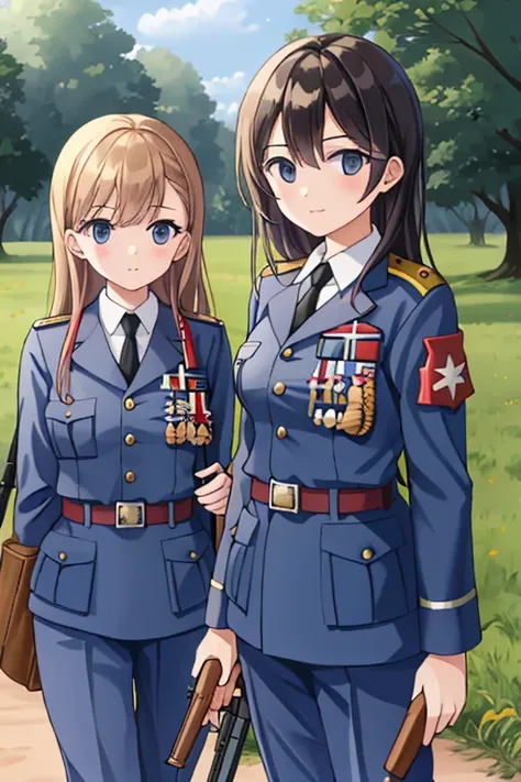 girls in second world war military uniform, holding weapons, on the battlefield