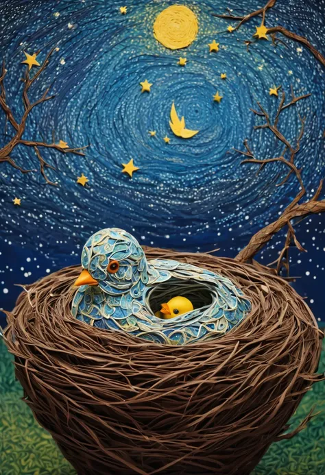 a newborn bird, the bird is abnormally fat and the nest is located in a bonsai, the nest breaks due to the weight of the chick and the chick falls, in a pot, surreal, funny, comic, starry sky, zentangle, origami, cinematic, emotional, epic, vincent van gog...