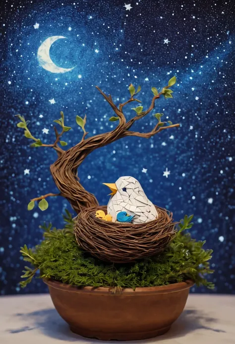 a newborn bird, the bird is abnormally fat and the nest is located in a bonsai, the nest breaks due to the weight of the chick and the chick falls, in a pot, surreal, funny, comic, starry sky, zentangle, origami, cinematic, emotional, epic, vincent van gog...