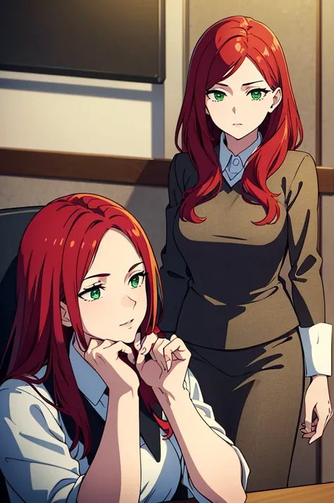 ((best quality)), ((masterpiece)), (detailed), perfect face, woman wearing office clothes, red hair, long hair, green eyes,