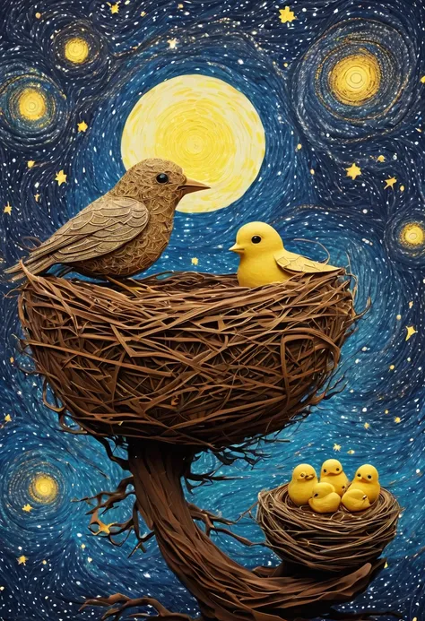 a newborn bird, the bird is abnormally fat and the nest is located in a bonsai, the nest breaks due to the weight of the chick and the chick falls, in a pot, surreal, funny, comic, starry sky, zentangle, origami, cinematic, emotional, epic, vincent van gog...