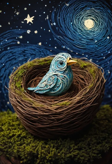 a newborn bird, the bird is abnormally fat and the nest is located in a bonsai, the nest breaks due to the weight of the chick and the chick falls, in a pot, surreal, funny, comic, starry sky, zentangle, origami, cinematic, emotional, epic, vincent van gog...