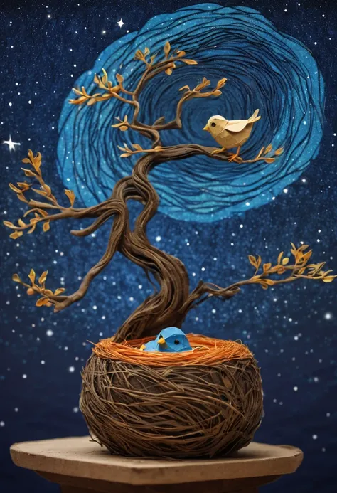 a newborn bird, the bird is abnormally fat and the nest is located in a bonsai, the nest breaks due to the weight of the chick and the chick falls, in a pot, surreal, funny, comic, starry sky, zentangle, origami, cinematic, emotional, epic, vincent van gog...