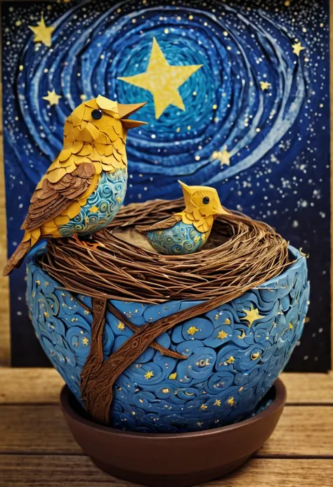 a newborn bird, the bird is abnormally fat and the nest is located in a bonsai, the nest breaks due to the weight of the chick and the chick falls, in a pot, surreal, funny, comic, starry sky, zentangle, origami, cinematic, emotional, epic, vincent van gog...