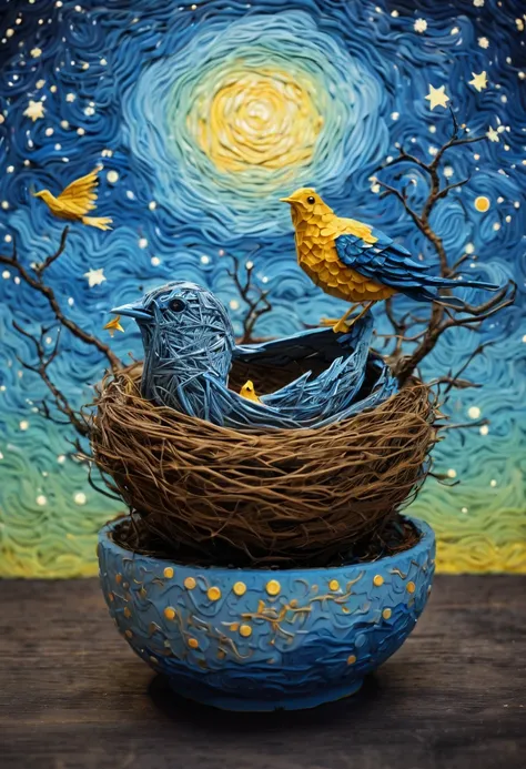 a newborn bird, the bird is abnormally fat and the nest is located in a bonsai, the nest breaks due to the weight of the chick and the chick falls, in a pot, surreal, funny, comic, starry sky, zentangle, origami, cinematic, emotional, epic, vincent van gog...