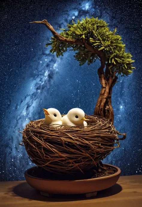 a newborn bird, the bird is abnormally fat and the nest is located in a bonsai, the nest breaks due to the weight of the chick and the chick falls, in a pot, surreal, funny, comic, starry sky, zentangle, origami, cinematic, emotional, epic, vincent van gog...