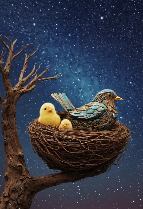 a newborn bird, the bird is abnormally fat and the nest is located in a bonsai, the nest breaks due to the weight of the chick and the chick falls, in a pot, surreal, funny, comic, starry sky, zentangle, origami, cinematic, emotional, epic, vincent van gog...