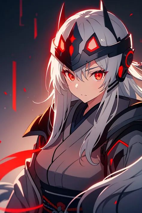 woman, grey samurai kimono, long grey hair, red glowing eyes, helmet