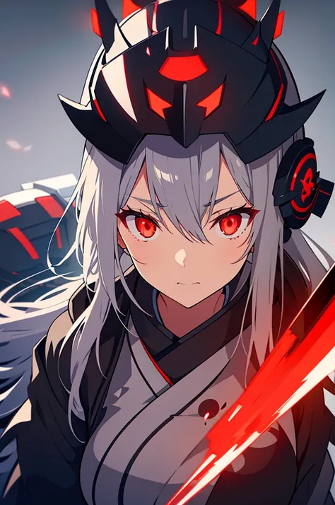 woman, grey samurai kimono, long grey hair, red glowing eyes, helmet