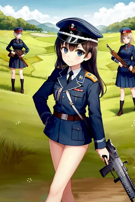 girls in second world war military uniform, holding weapons, on the battlefield