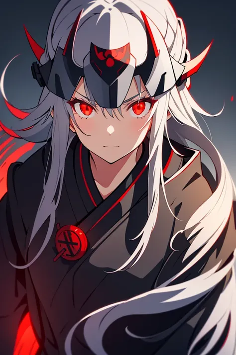 woman, grey samurai kimono, long grey hair, red glowing eyes, helmet