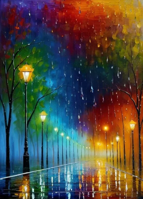 Express the array of emotions brought forth by rain in an evocative oil painting. Utilize rich, textured brushstrokes to depict the emotional spectrum awakened by the gentle touch of raindrops. Infuse the canvas with a myriad of colors, capturing the mood ...