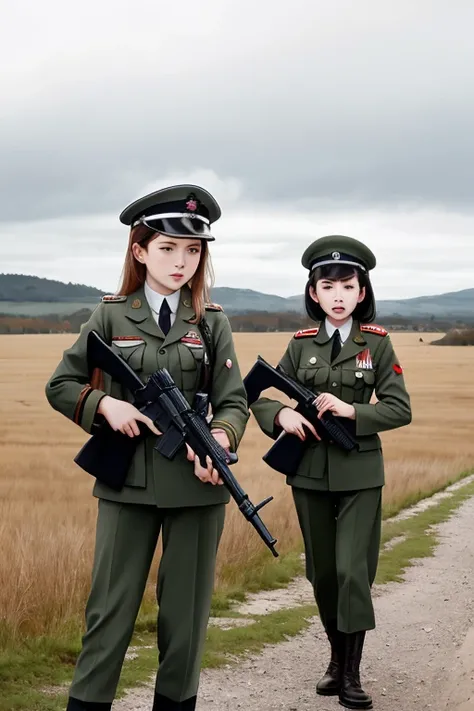 girls in second world war military uniform, holding weapons, on the battlefield