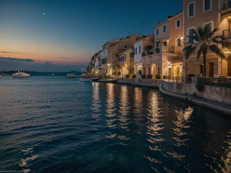 (best quality,4k,8k,highres,masterpiece:1.2),ultra-detailed,(realistic,photorealistic,photo-realistic:1.37),port at night,southern Italy,streets lit with lamps,vacation,travel,night scene,colorful lights,reflection,calm water,mediterranean architecture,bea...