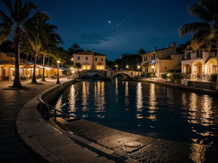 promp: port at night,southern Italy,moonlit night,streets lit with lamps,vacation,travel,[vacation dream],[serene],[romantic],[nighttime beauty],[vivid colors],[silhouette of boats],[peaceful atmosphere],[beautifully lit waterfront],[harbor lights],[glimme...