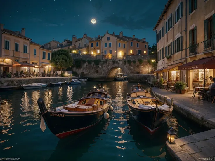 A detailed prompt for generating a high-quality image of a port at night in southern Italy, with a moonlit night, streets lit with lamps, and a vacation vibe. The prompt should also include elements related to travel and vacation.

(best quality,4k,8k,high...