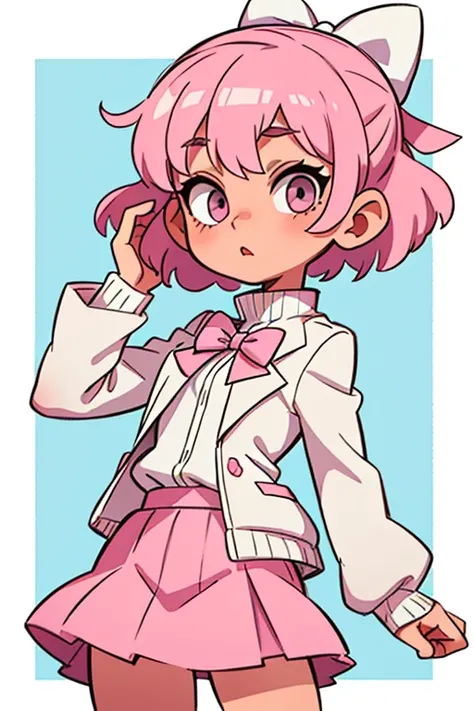 A girl with short-cut pink hair like a boy with gray eyes in a white jacket with a pink pattern and a white skirt with a white bow in her hair 