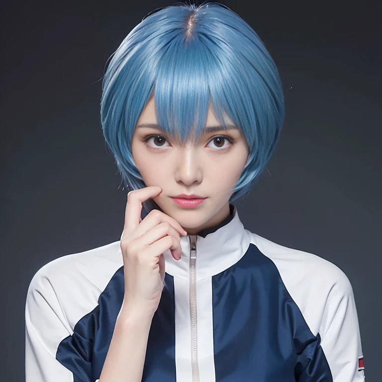 (Best Quality, hight resolution, masutepiece:1.2), 1girl in, Ayanamirei, bob cuts, plugsuit, Upper body view、Interface headset, Simple background, Light blue hair color, deadpan, full-face blush, embarrassed, Looking at Viewer