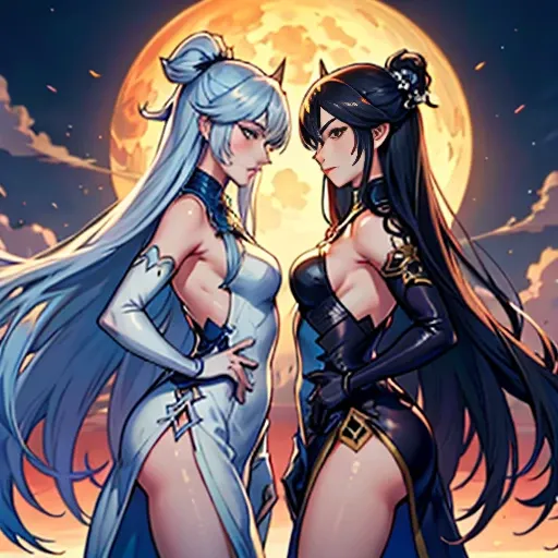 two women dressed in sensual, translucent clothes stand side by side in front of the full moon, wlop e sakimichan, wlop e artger...